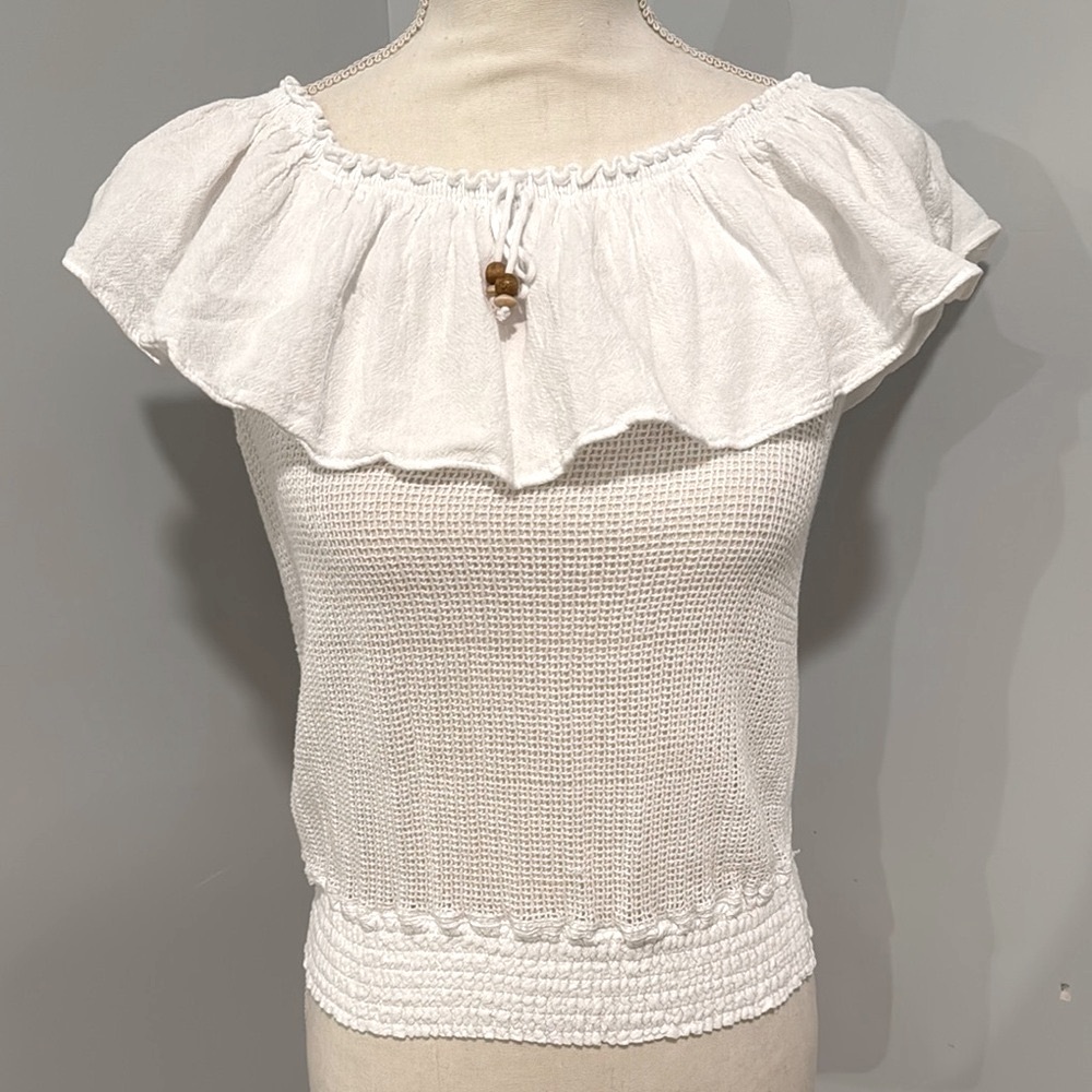 White Smocked Cap Sleeve Blouse with Ruffles